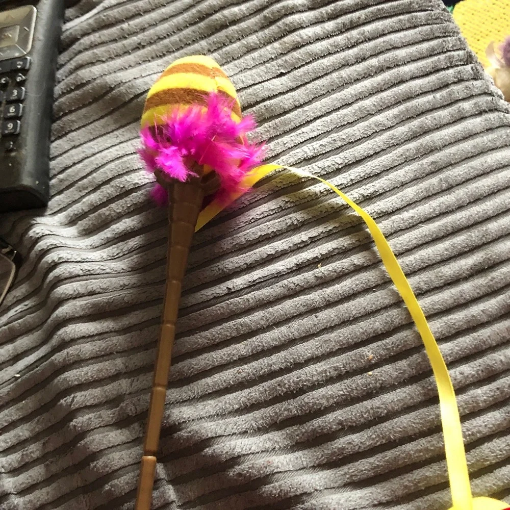 Feather & Ribbon Cat Teaser Wand in Yellow and Pink